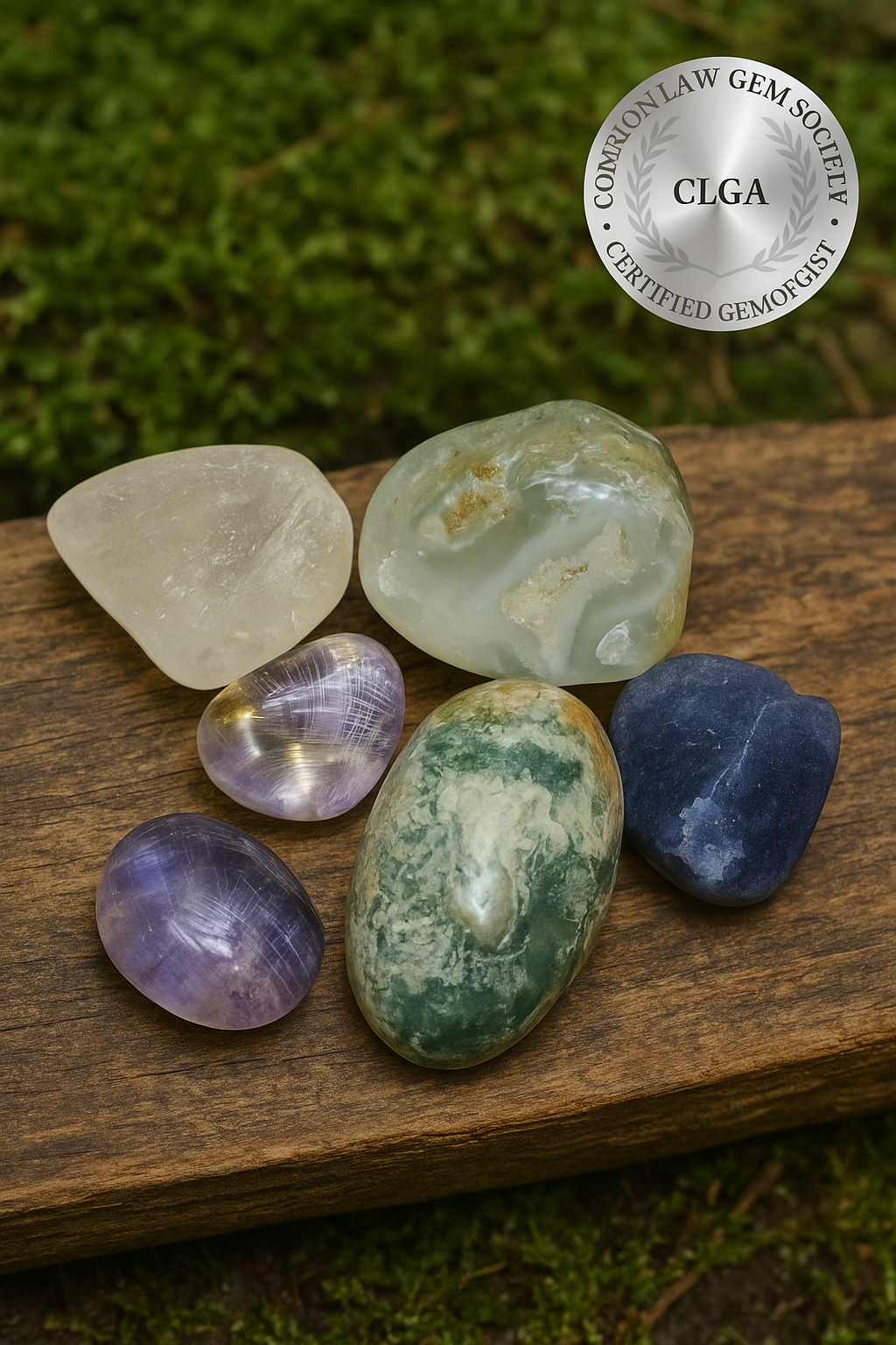 Crystal Healing Set – 5 Polished Stones: Clear Quartz, Amethyst, Moss Agate, Sodalite, Chalcedony | Meditation & Reiki Crystals | CRSTL&CO ™️