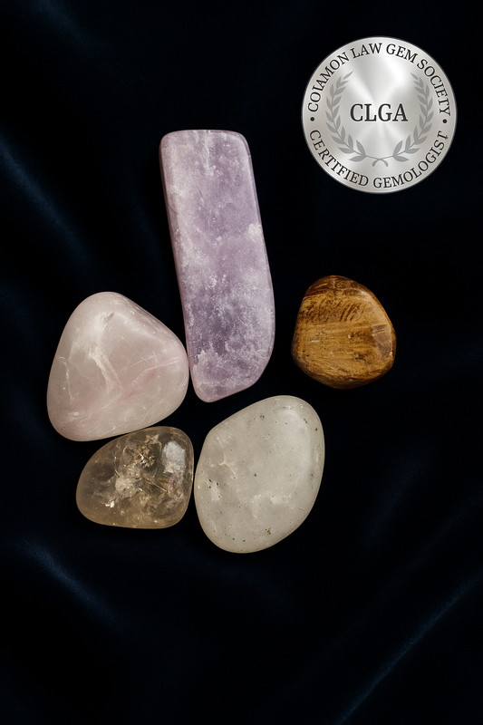 Guardian’s Light Crystal Set – 5 Polished Stones: Lepidolite, Rose Quartz, Smoky Quartz, Chalcedony, Jasper | Healing Crystals for Protection & Balance
| CRSTL&CO ™️