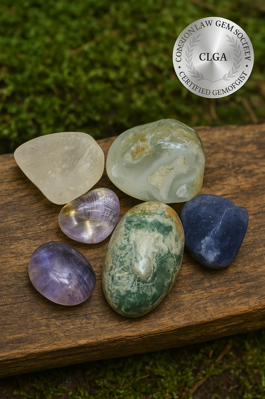 Crystal Healing Set – 5 Polished Stones: Clear Quartz, Amethyst, Moss Agate, Sodalite, Chalcedony | Meditation & Reiki Crystals | CRSTL&CO ™️
