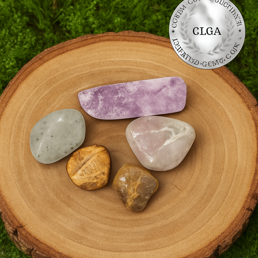 Aurora Relics – 5 Polished Crystals: Amethyst, Rose Quartz, Golden Stone, Lepidolite, Chalcedony | Healing Crystal Set for Meditation & Reiki | CRSTL&CO ™️
